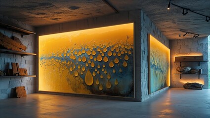 Interior design with modern artwork and concrete walls featuring droplet abstractions