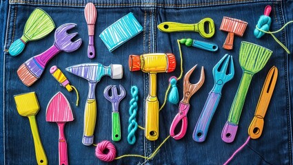 Colorful Craft Tools and Yarn on Denim: A Whimsical Flat Lay for DIY and Creativity
