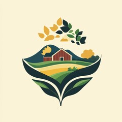 Landscape design featuring a farm surrounded by nature, showcasing vibrant colors and agricultural elements