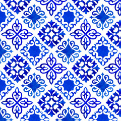 Watercolor Mediterranean Amalfi Coast Seamlesspattern. Ceramic tile. Portuguese, Sicilian, Spanish tile traditional design. Backdrop for wrapping paper, wallpaper, fabric, textile.