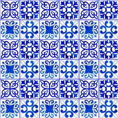 Watercolor Mediterranean Amalfi Coast Seamlesspattern. Ceramic tile. Portuguese, Sicilian, Spanish tile traditional design. Backdrop for wrapping paper, wallpaper, fabric, textile.