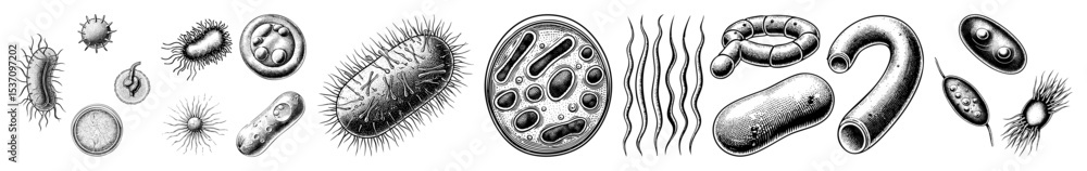 Poster vector detailed of diverse microscopic organisms with cilia and internal structures.