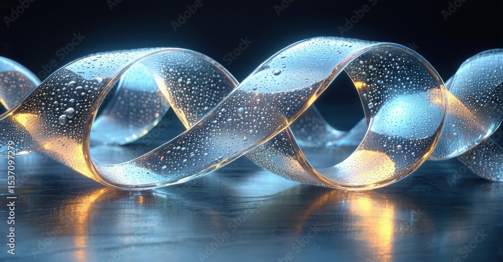 Poster twisted translucent ribbon, droplets visible. reflective surface, warm illumination creates dramatic