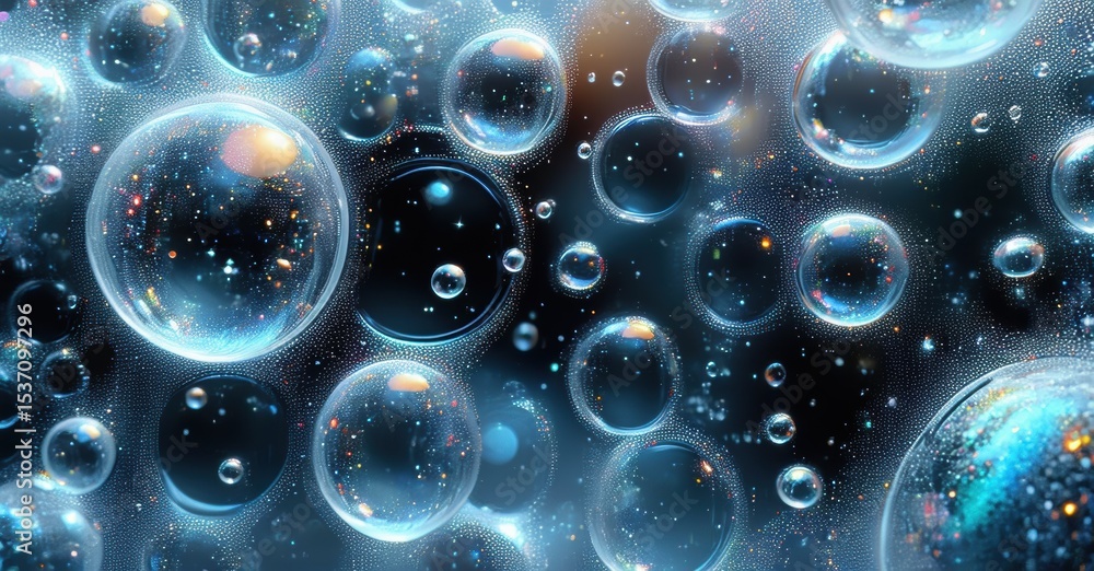 Poster bubbles float within dark space. light refracts, creating vibrant colors, depth, otherworldly feel. 