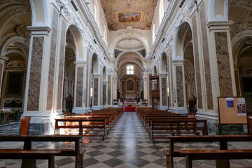 Fototapeta premium The central nave of a medieval cathedral in Sant'Agata de' Goti, a small town in the province of Benevento, Italy.