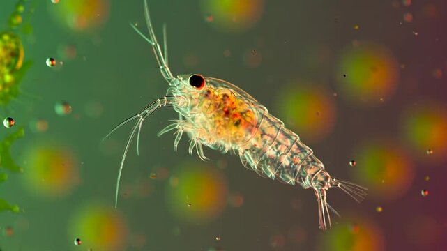 Microscopy footage: Copepod (aquatic crustacean) floats. Detailed view of translucent body, eye, antennae, internal organs in green particle-rich water.