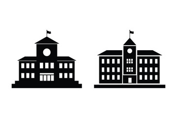 Silhouette Vector of Classic School Buildings with Tower and Flag