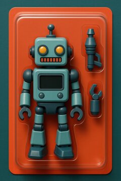 Retro robot toy packaging illustration.