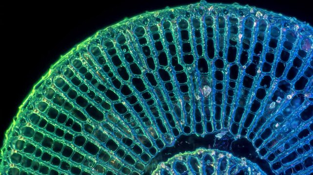 Microscopy footage: Glowing diatom (centric algae) showcasing intricate silica frustule. Translucent blue/green radial web structure. Science, biology. Zooming.