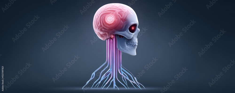 Poster a digital illustration of a human skull with a visible brain and neural-like roots extending downwar