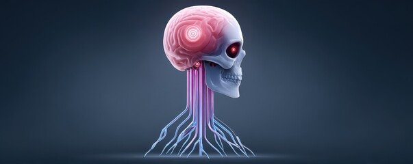 A digital illustration of a human skull with a visible brain and neural-like roots extending downward, symbolizing the connection between mind and body.