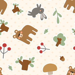 Cute forest animals with teddy bear and hare on a polka dot texture beige pastel background, hand drawn berries, mushrooms, trees, leaves seamless woodland pattern.