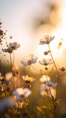 Sunset Illuminates Delicate Flowers in a Golden Field Creating a Serene Atmosphere