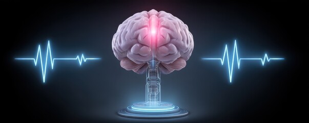 A digital illustration of a human brain with a glowing center, surrounded by heartbeat lines, symbolizing brain activity and neurological health.