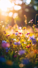 Colorful Wildflowers Bloom in a Sunlit Meadow During the Warm Afternoon Hours of Spring