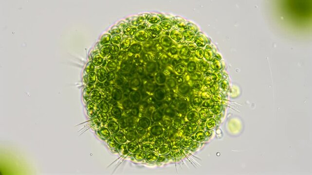 3D animation: Volvox, green colonial algae. Spherical colony with individual cells, flagella, and daughter colonies. Rotates in blue aquatic environment. Science, biology.