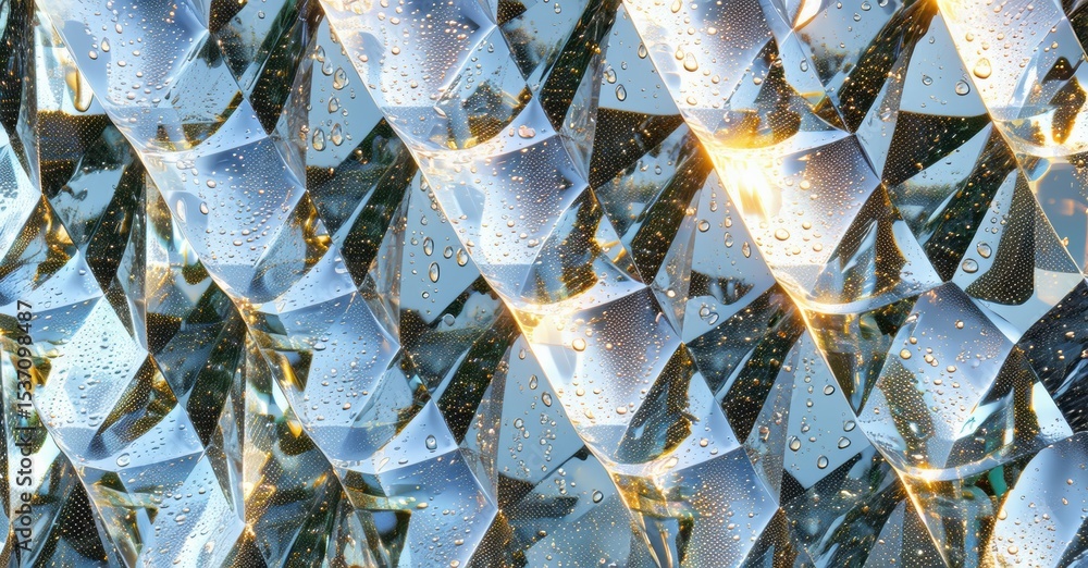 Poster crystal surface covered with water droplets. light reflects, creating bright, sparkling texture. fac