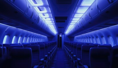 Naklejka premium Empty airplane cabin illuminated by blue light