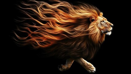 Majestic lion in motion, mane billowing