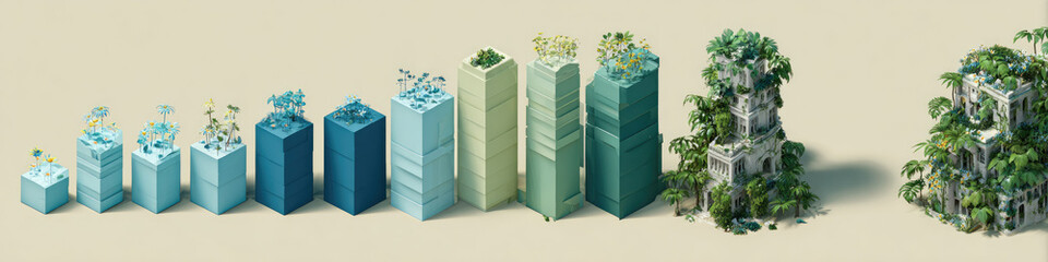 Eco-Growth Visualization: 3D Vertical Bar Graph with Blue Columns Representing Sustainable Progress. Abstract Commercial Background Featuring Floral Elements and Verdant Towers Symbolizing Environment