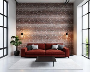 Living room in urban loft with raw brick and industrial lighting, open contemporary space
