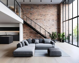 Living room in urban loft with raw brick and industrial lighting, open contemporary space