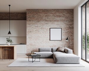 Living area with brick accent wall, soft industrial lighting, and minimal decor