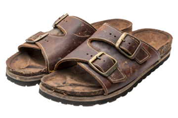 Old brown leather shoes boots isolated on white or transparent background