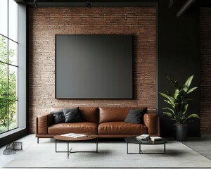 Modern loft lounge with exposed brick, leather seating, and minimalist layout