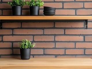 Brickwalled dining space with open shelves and iron accents, modern urban charm