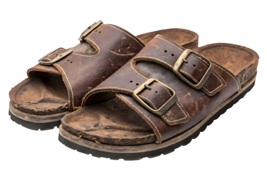 Old brown leather shoes boots isolated on white or transparent background