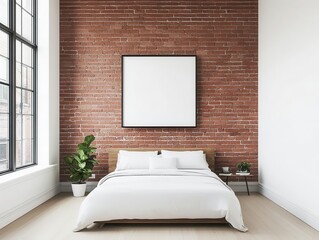Minimalist bedroom with high ceilings, large windows, and red brick accent wall