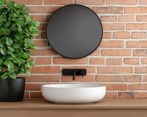 Urban loft bathroom with brick feature wall and matte black fixtures, modern industrial design