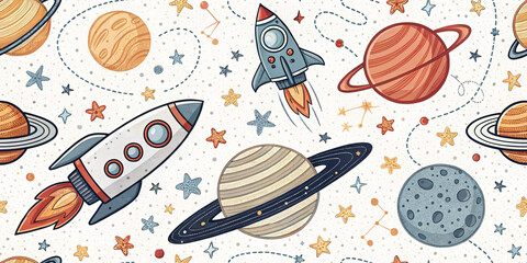 seamless space background with planets, stars and rockets, kids wallpaper