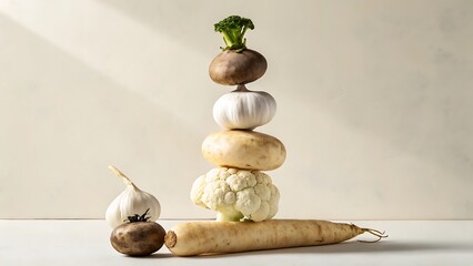 Balanced stack of organic vegetables on white background
