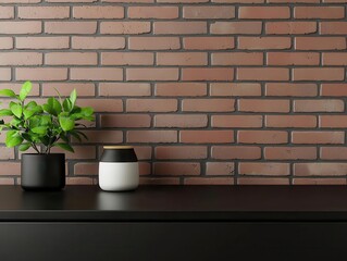 Urban loft kitchen with black countertops and vintage brick wall, modern industrial style