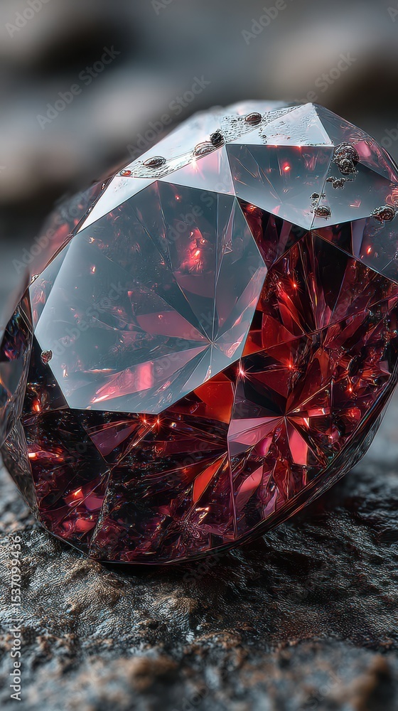 Poster brilliant red gemstone resting on textured surface showcasing intricate facets and reflections
