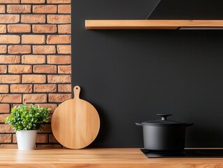 Industrialstyle kitchen with brick backsplash and metal shelving, modern urban loft vibe