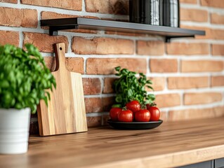 Industrialstyle kitchen with brick backsplash and metal shelving, modern urban loft vibe