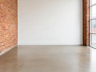 Large loft space with contrasting white walls and red brick accents, industrial touch