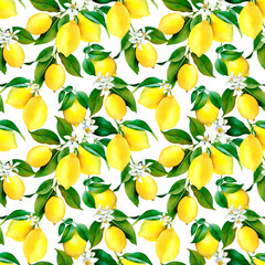 Watercolor Hand Painted Lemons and Lemon Slices Seamless Pattern. Spring, Summer Concept Background.