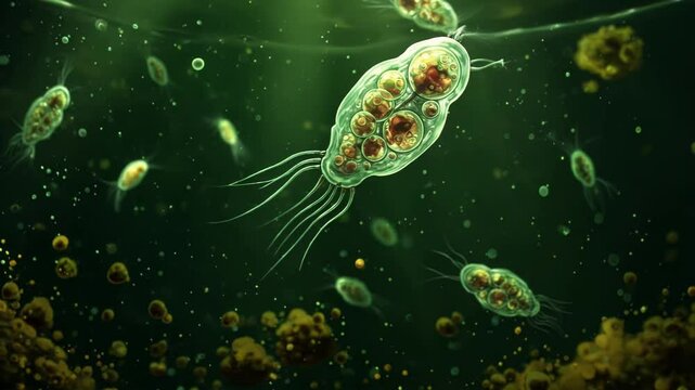 3D animation: Giardia-like protozoan parasite swimming and floats. Translucent, twin nuclei, flagella. Green, particle-filled aquatic environment. Medical, biology. 