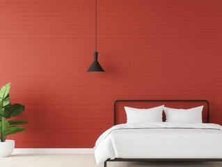 Minimalist loft bedroom with red brick walls and steel bedframe, modern industrial calm