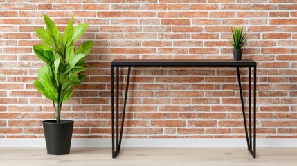 Modern industrial workspace with brick wall backdrop and black metal desk, loft studio design