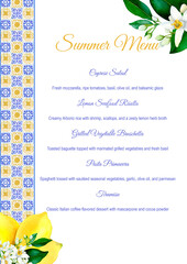 Watercolor summer menu with yellow lemons and flowers on blue tiles background in Italian style