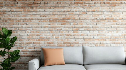 Brick wall feature in living room with concrete ceiling and clean furniture lines