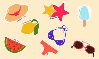 summer icons set,summer style,bathing suit,sungla sses,starfish,lemon