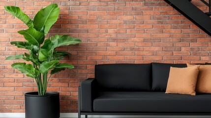 Studio apartment with brick highlights and black steel details, loftstyle layout
