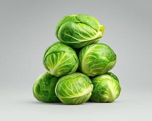 Fototapeta premium Fresh Green Brussels Sprouts Pyramid on Gray Background