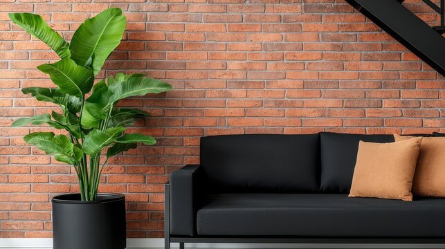 Studio apartment with brick highlights and black steel details, loftstyle layout